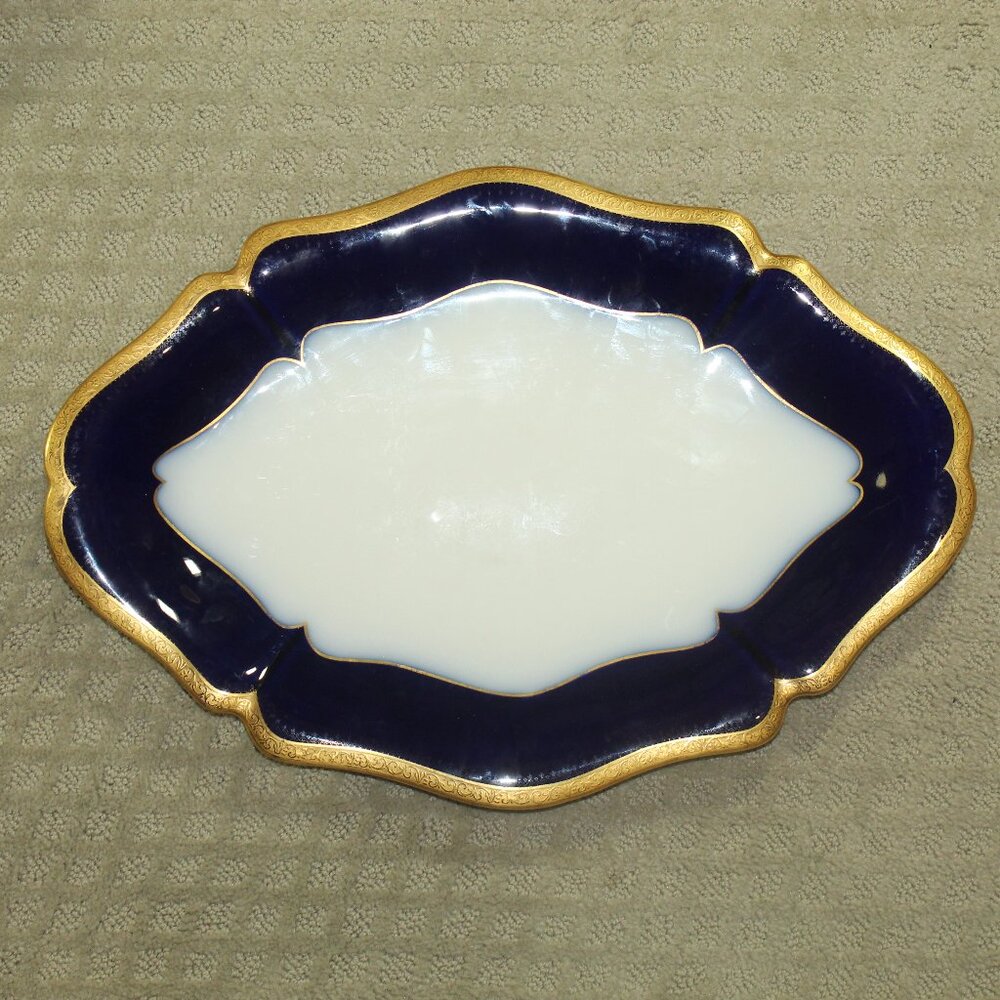 GM Guerin Limoge France Large 18" x 12.75"  Cobalt Blue Gold Filagree Platter